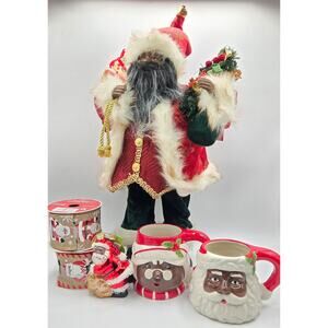 Ashland African American Black Santa Claus 18.5" w/Mugs,2 Spools Ribbon,Ornament